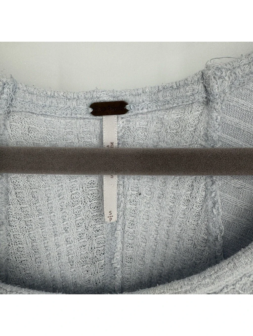 Free People top small S blue thermal knit waffle ribbed raw wedge slouchy artsy